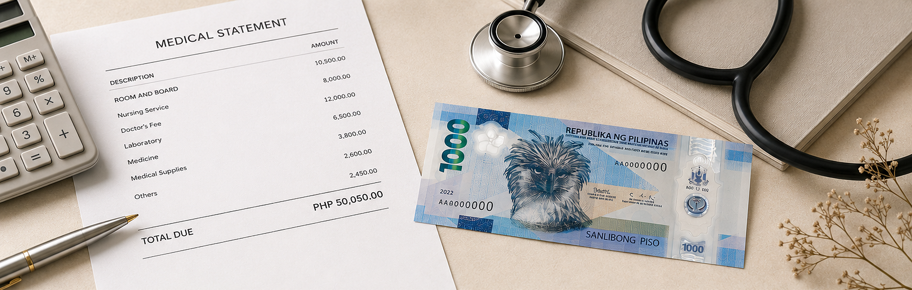 Medical statement, stethoscope, calculator, and Philippine peso representing healthcare costs and financial preparation.